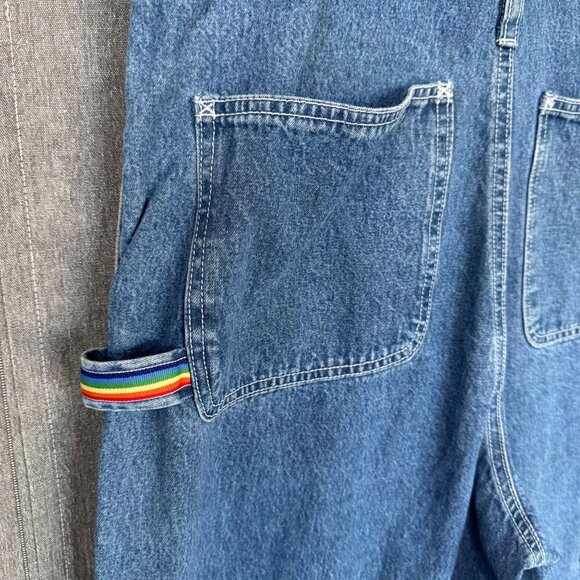 90s Vintage Revolt Blue Denim Rainbow Trim Straight Leg  Utility Overalls Size L - Picture 10 of 16